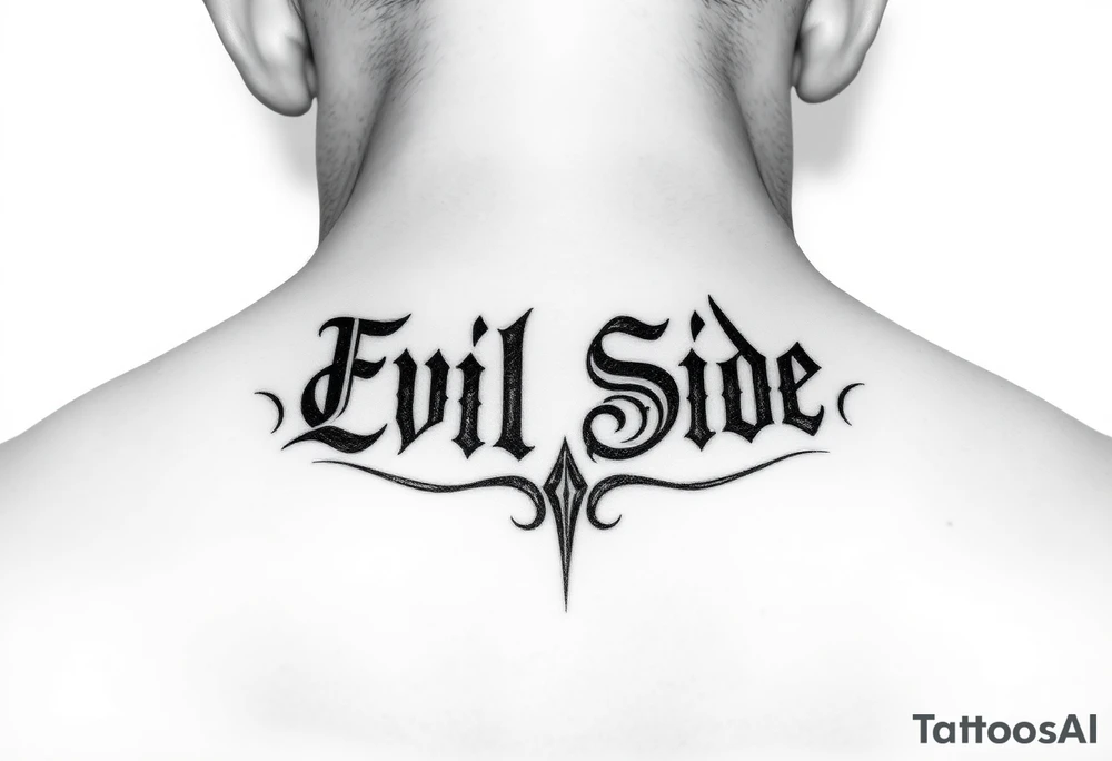 .saying Evil Side from ear to ear on front of neck. black and white . tattoo idea