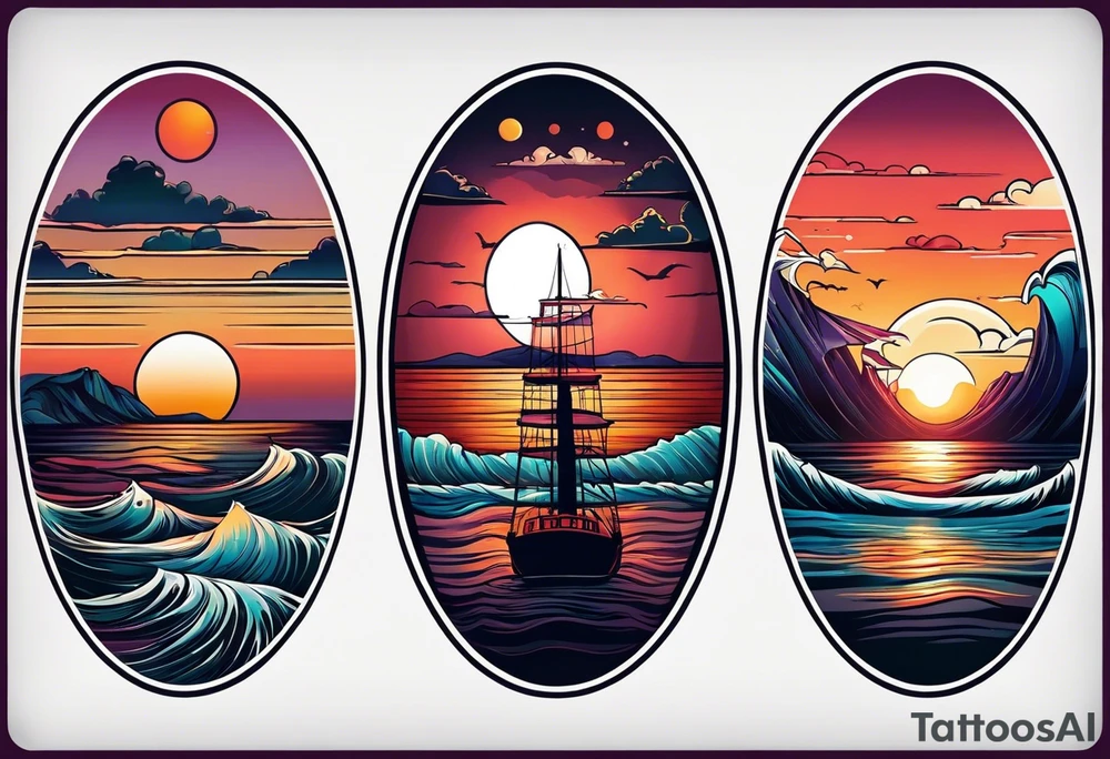 Round tattoo, inside sunset and sea with retro look tattoo idea