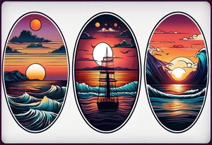 Round tattoo, inside sunset and sea with retro look tattoo idea