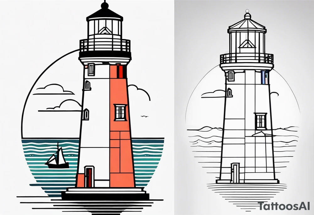 lighthouse in fine line and a bit geometric, colored. also the sea close to the lighthouse tattoo idea