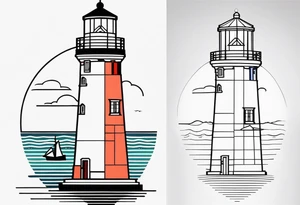 lighthouse in fine line and a bit geometric, colored. also the sea close to the lighthouse tattoo idea
