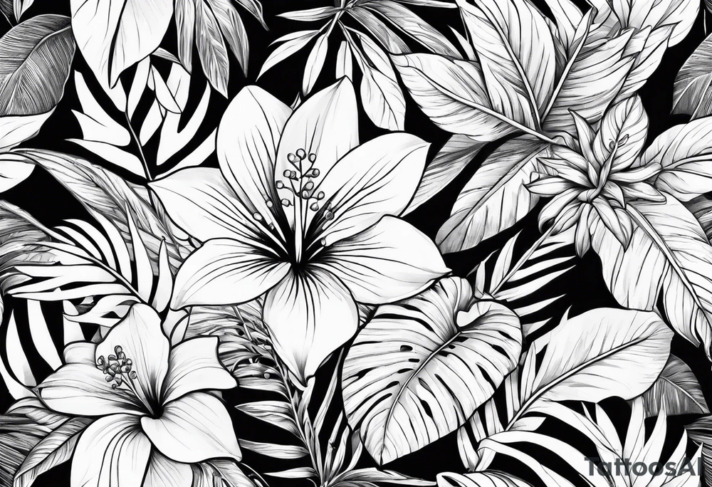 Tropical flower leaves tattoo idea