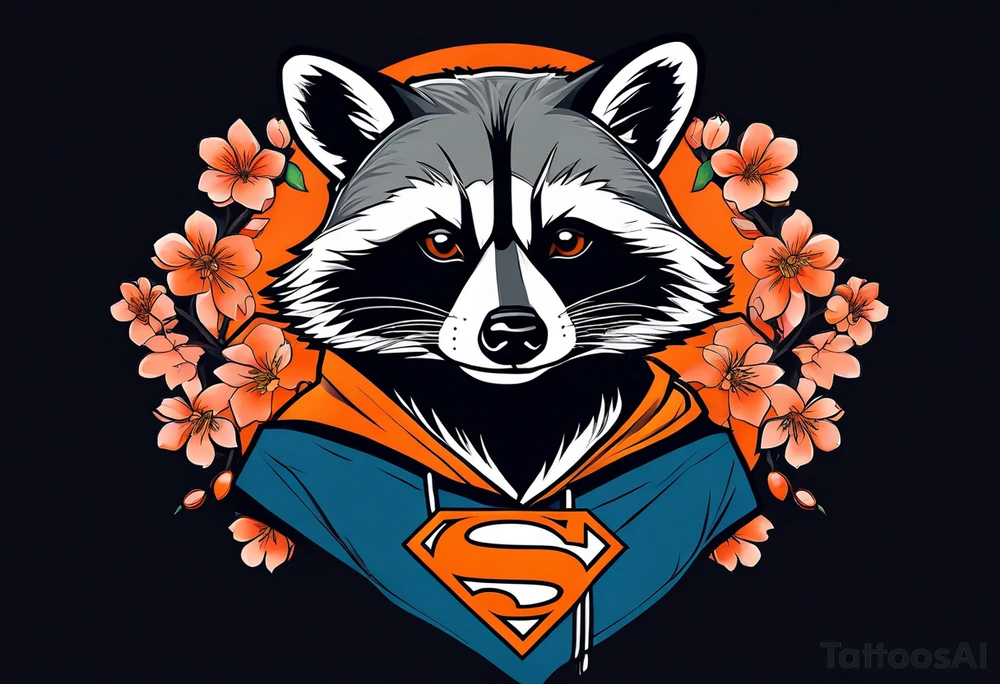 Raccoon wearing a white Superman logo on a black hoodie and orange Japanese cherry blossoms tattoo idea