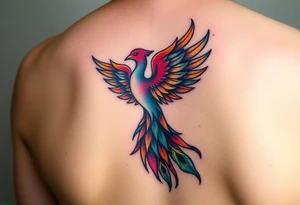 A feminine Phoenix in a rainbow of colors and a tail that looks like a peacock tattoo idea