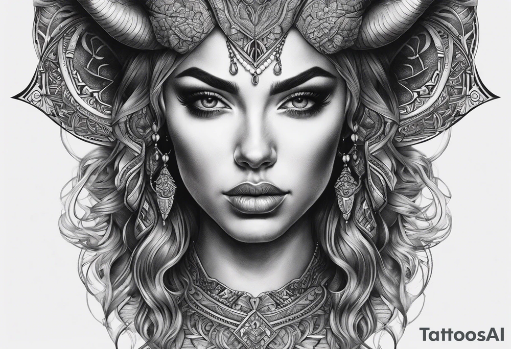 symmetrical woman head with curved horns facing downwards dark realism looking front facing view, ultra-detailed, high quality, high sharpness, hyper-realism, hyper-photorealistic, hyper-realistic tattoo idea