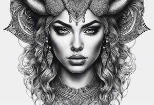 symmetrical woman head with curved horns facing downwards dark realism looking front facing view, ultra-detailed, high quality, high sharpness, hyper-realism, hyper-photorealistic, hyper-realistic tattoo idea