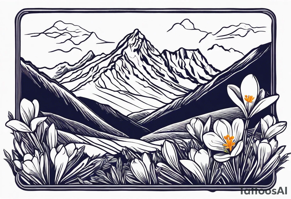 composition with mountain (Gran Sasso) with Crocus flowers, and an explorer trekking. Background in rectangular g shape. Do not enter rivers and trees. Do it in color. The design style must be that of Old School Traditional Tattoo. tattoo idea