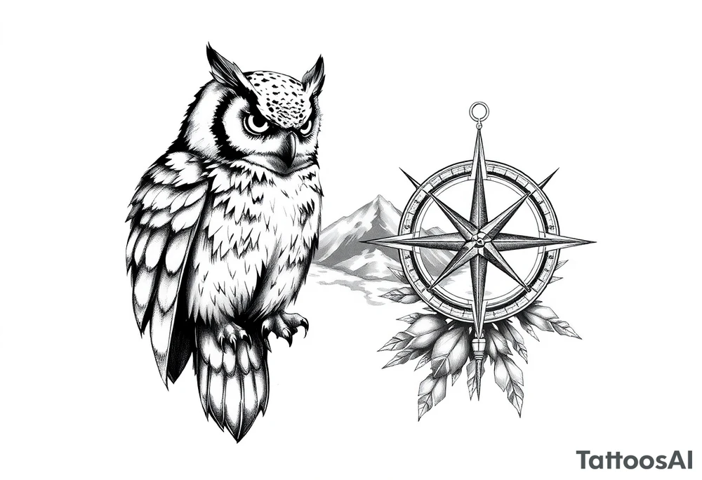 an owl,a compass,landscape. tattoo idea