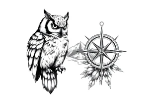 an owl,a compass,landscape. tattoo idea