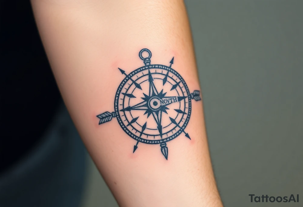 rustic compass/clock with a native american arrow going thru it and say "True North" tattoo idea