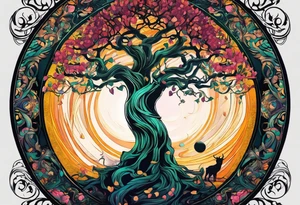 The deity Pan is entwined in a tree which is a portal in a other dimension. Not symmetrical tattoo idea