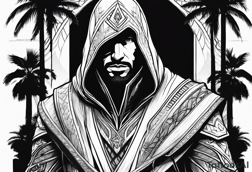 assassins creed character that is in the style of tron with palm trees tattoo idea