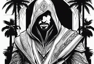 assassins creed character that is in the style of tron with palm trees tattoo idea