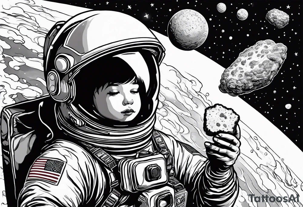 a picture of an astronaut eating a chicken nugget 
while floating in space showing the full body tattoo idea