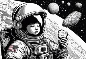 a picture of an astronaut eating a chicken nugget 
while floating in space showing the full body tattoo idea