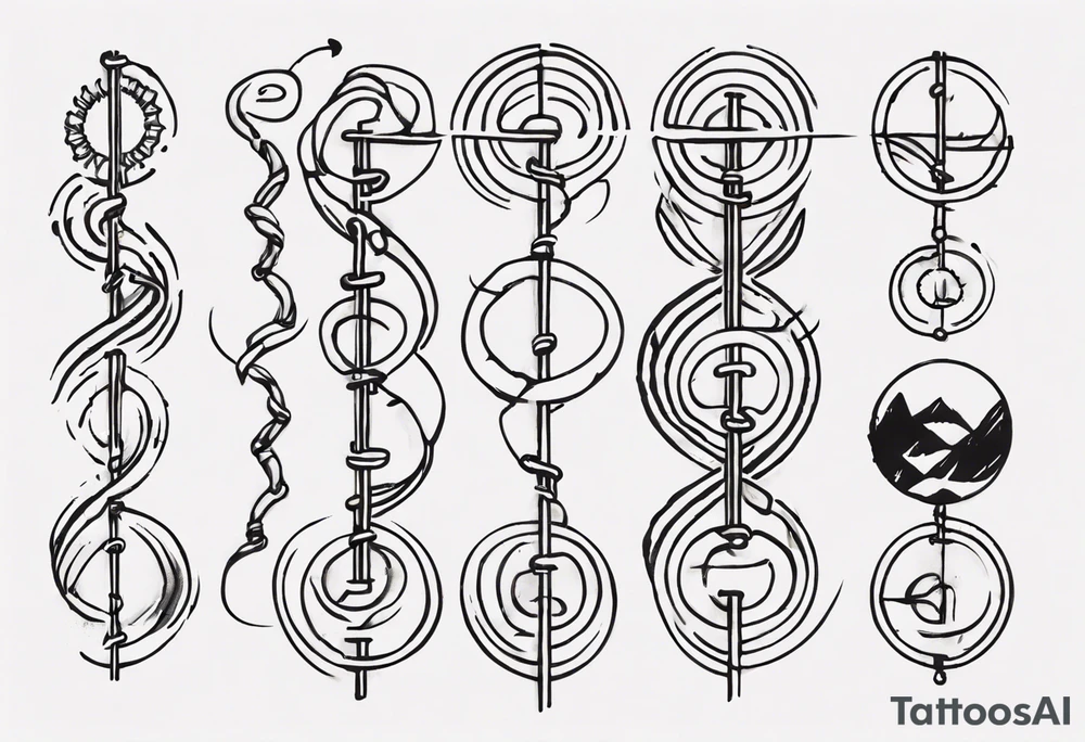 Create a tattoo sketch that visually represents my life journey and the evolution of mindfulness. Consider life as a DNA chain, where each link symbolizes key moments of my development and consciousness. Allow the images to change and transform, reflecting the evolution of my perception and self-understanding over time tattoo idea