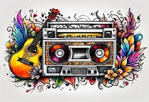 1/4 sleeve length
music notes, a cassette tape, and
instruments tattoo idea