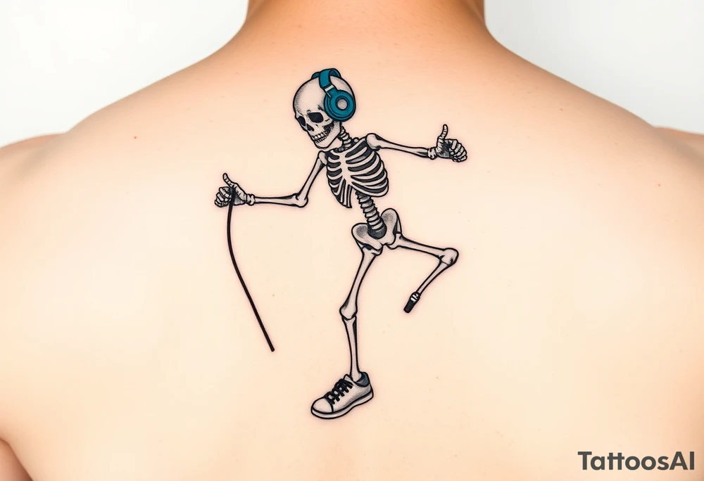 Funny small skeleton jumping on jump rope with a blue headphones and blue tennis shoes tattoo idea