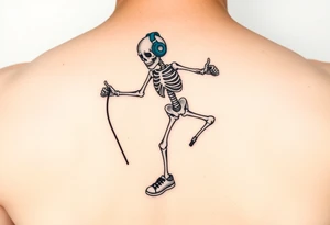 Funny small skeleton jumping on  jump rope with a blue headphones and blue tennis shoes tattoo idea