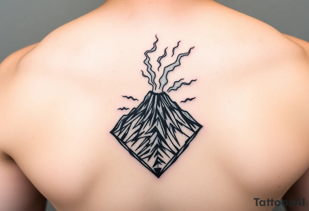 Geometric Volcano tattoo erupting in a heart with text Avery Gray tattoo idea