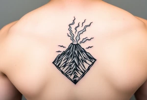 Geometric Volcano tattoo erupting in a heart with text Avery Gray tattoo idea