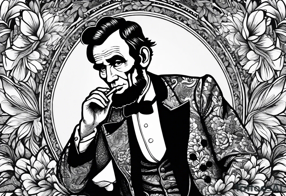 Abraham Lincoln smoking a cigar  in a flowered suit jacket doing karate tattoo idea