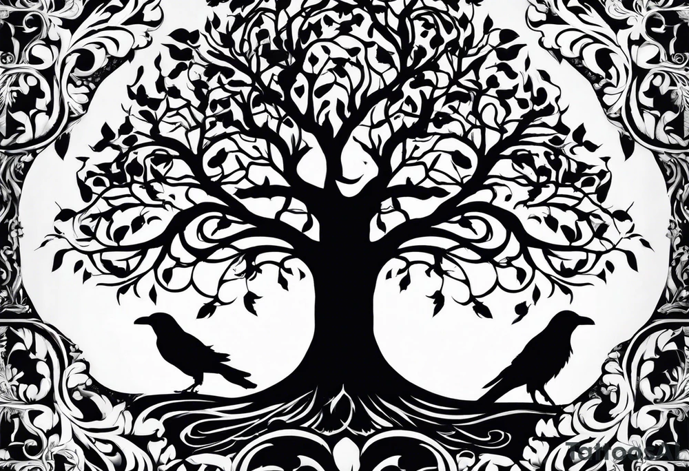 Tree of life with water, ravens, tattoo idea