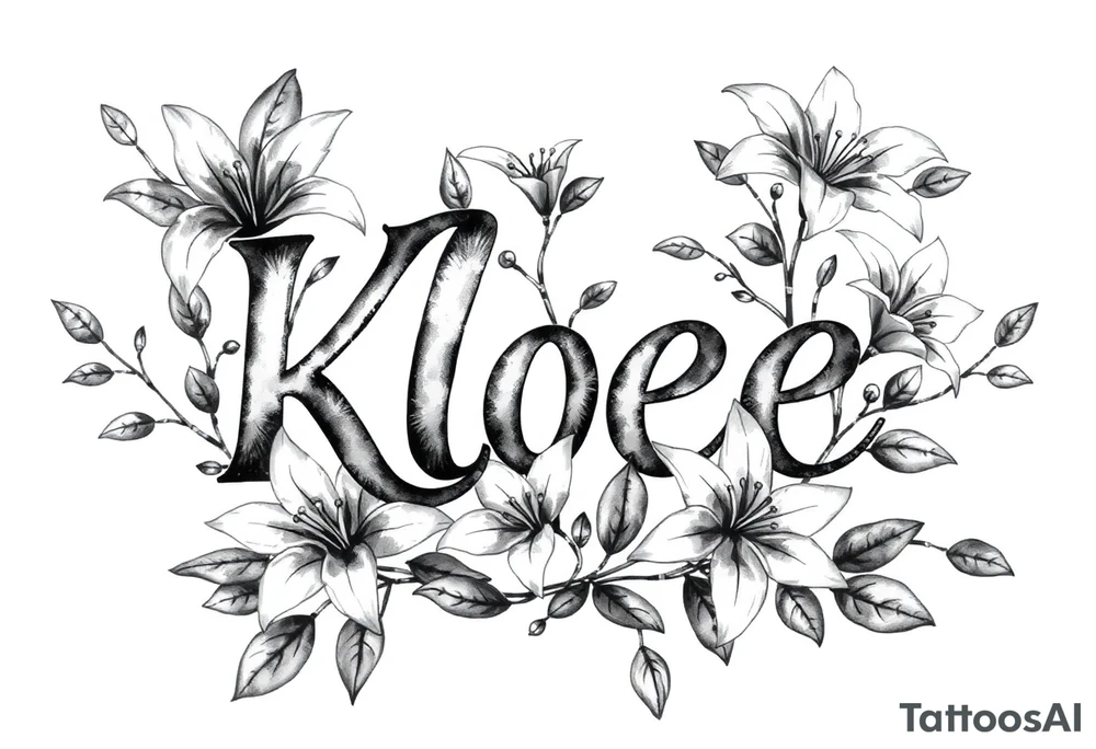 The word Kloee surrounded by lilies with the vines in letters tattoo idea