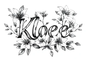 The word Kloee surrounded by lilies with the vines in letters tattoo idea