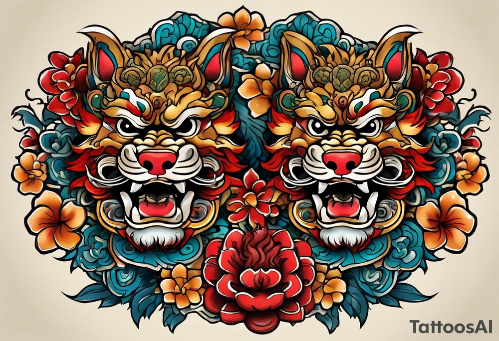 Okinawa-style pair of shisa dogs, one has an open mouth, one has a closed mouth, chest/pecs, Yakuza style, old school tattoo idea