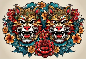 Okinawa-style pair of shisa dogs, one has an open mouth, one has a closed mouth, chest/pecs, Yakuza style, old school tattoo idea