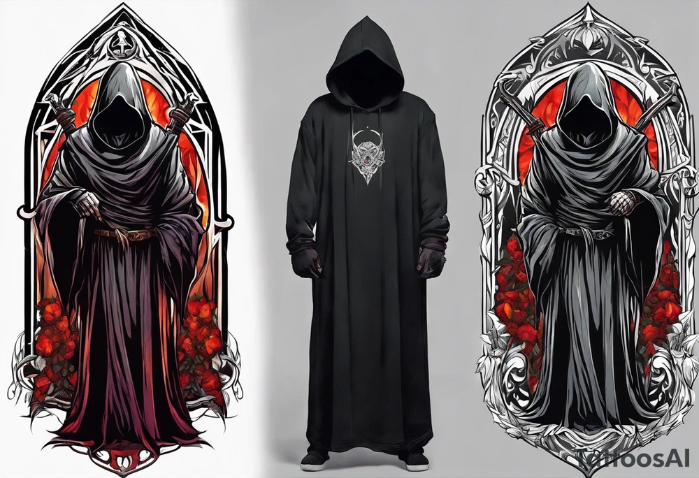 A full body grim reaper with his hood completely off, a halo above his head. tattoo idea