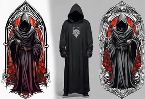 A full body grim reaper with his hood completely off, a halo above his head. tattoo idea