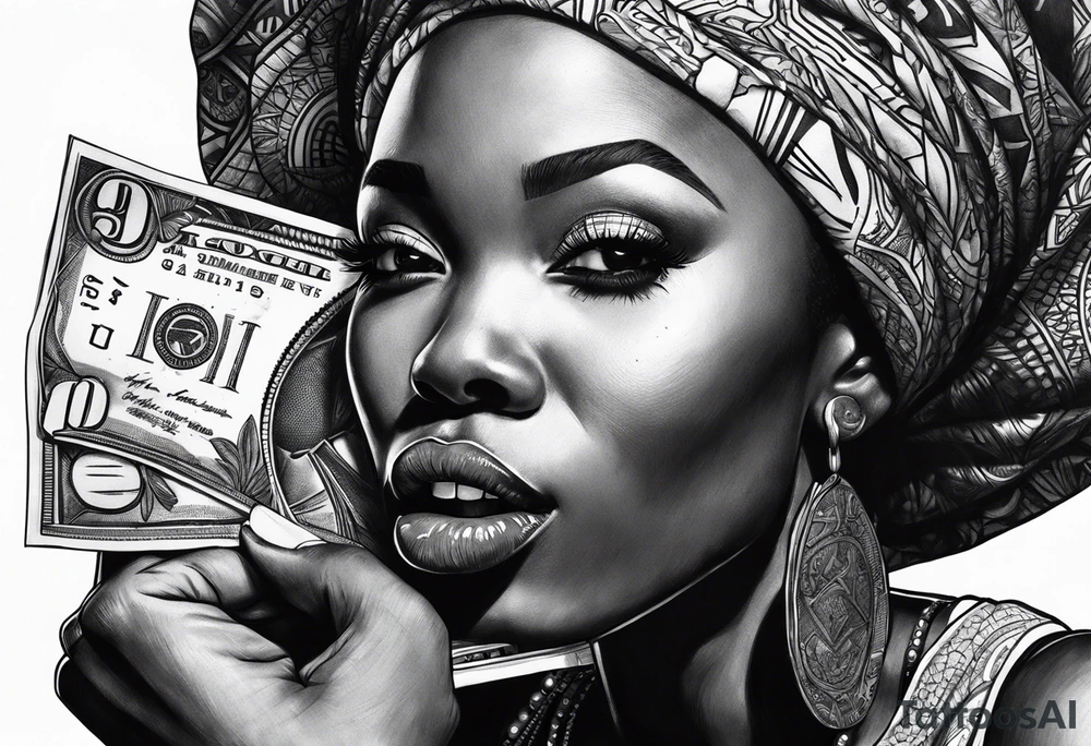 african woman biting money tattoo idea