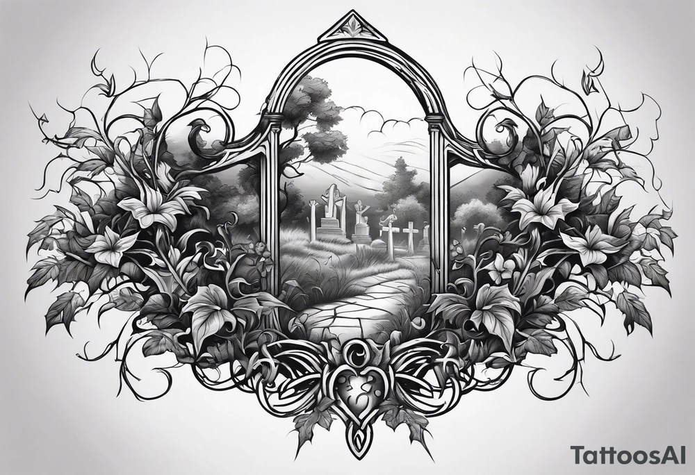 Leafy vines with grave yard tattoo idea