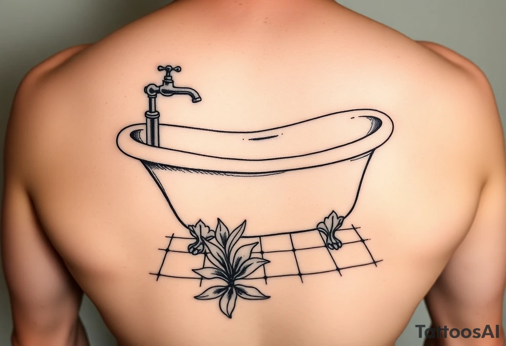 clawfoot bathtub with faucet on a tile floor and lily coming up out the floor tattoo idea