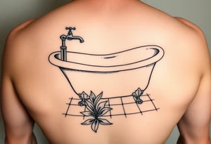 clawfoot bathtub with faucet on a tile floor and lily coming up out the floor tattoo idea