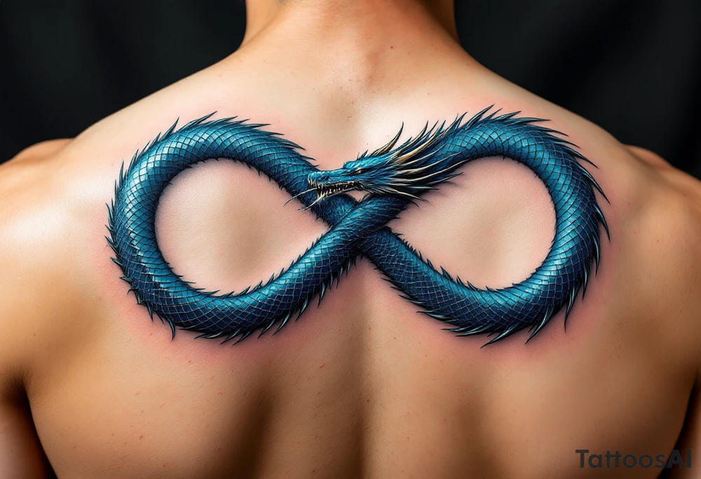The design features a dragon, coiled in the shape of the infinity symbol (sideways number "8"). The dragon is depicted eating its own tail, symbolizing eternity and continuity, inspired by the Ouroboros.

Details:

The dragon's body has vibrant, glossy blue scales, with a smooth and polished texture.
It maintains a clean, balanced shape in the infinity figure, with sharp details and elegant flow.
Style:

The focus remains on the dragon's form, with no additional background elements to keep the design minimal and modern. tattoo idea