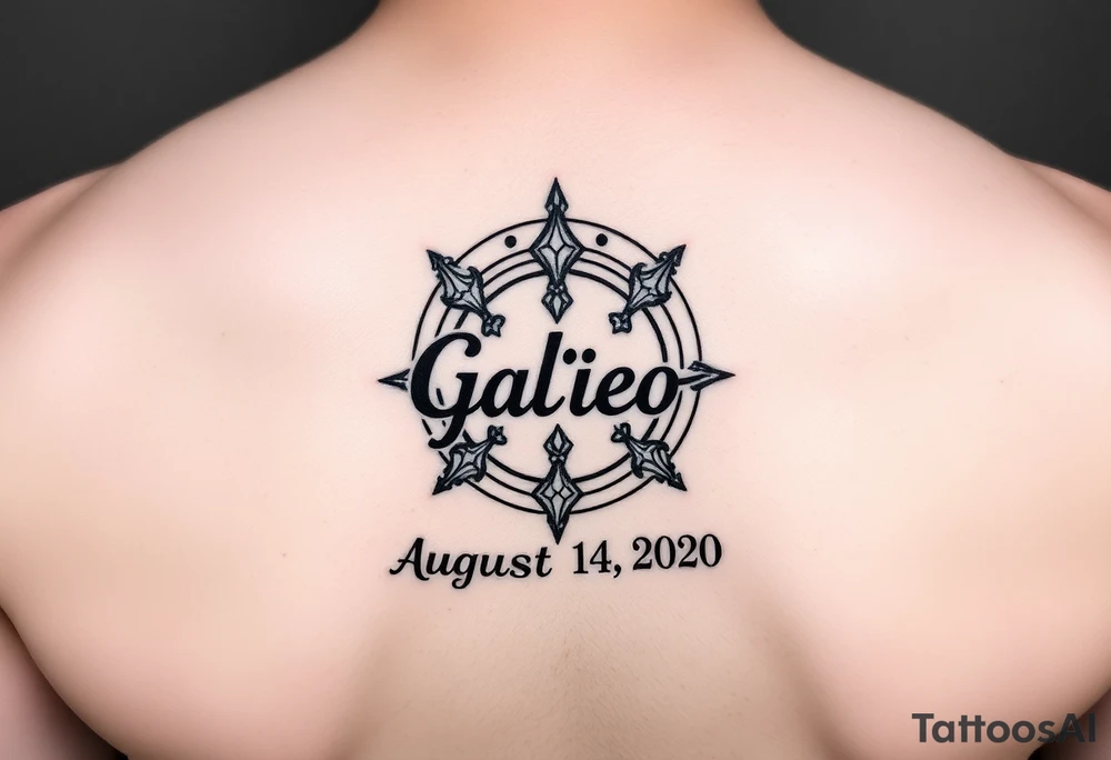 disney symbol with the name Galileo and the date August 14,2020, incorporated tattoo idea