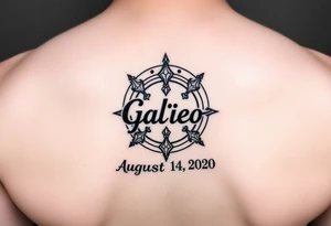 disney symbol with the name Galileo and the date August 14,2020, incorporated tattoo idea