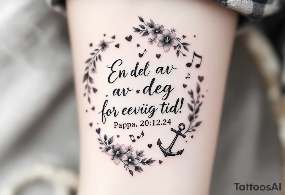 make a quote saying "En del av deg for evig tid! 
Pappa 20.12.24"
Surrounded by delicate long blossom gladious, music notes, hearts and an anchor on the lower right side tattoo idea