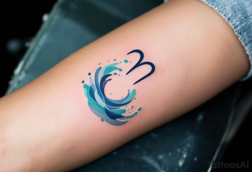 A minimalist Aquarius symbol, surrounded by soft watercolor waves in hues of turquoise, indigo, and silver. tattoo idea