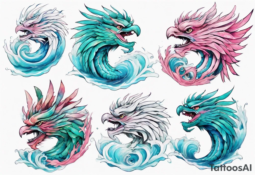 a turquoise and white and pink sea Quetzalcoatl with beautiful eyes emerging from the blue waves of the ocean tattoo idea