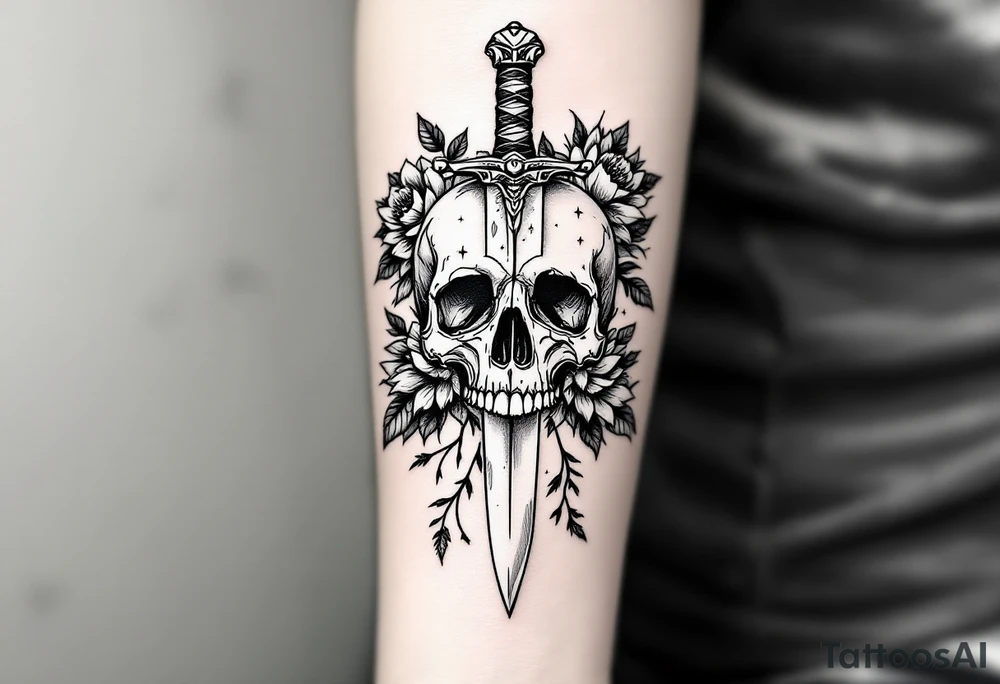 Skull, heart piercing a dagger with roses and sunflowers tattoo idea Skull, heart piercing a dagger with roses and sunflowers tattoo idea