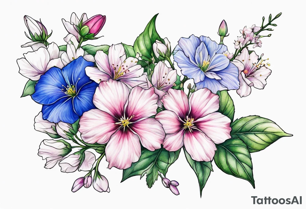 Realistic cherry blossom, delphinium, morning glory, and cosmos flowers together on a leafy sprig tattoo idea