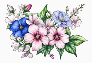 Realistic cherry blossom, delphinium, morning glory, and cosmos flowers together on a leafy sprig tattoo idea