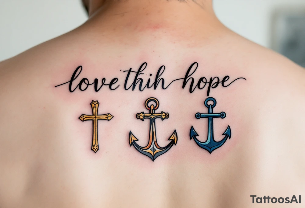 Fine-line black cursive love faith hope sitting above three matching symbols: a crimson heart, golden cross, and deep blue anchor. tattoo idea