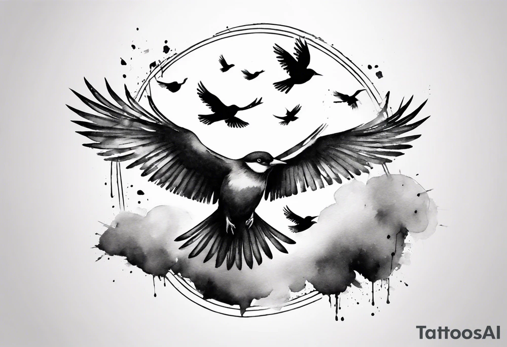 shoulder tattoo with light rays with birds flying free among the clouds, round shape, 3d effect tattoo idea
