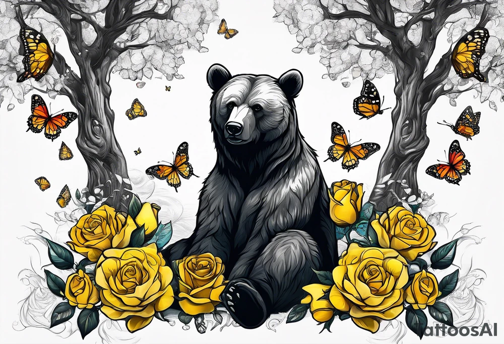 A bear sitting under the tree of life with three yellow roses, and three butterflies tattoo idea