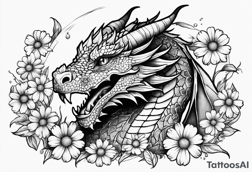 Dragon with daisies and name Liam carter tattoo idea